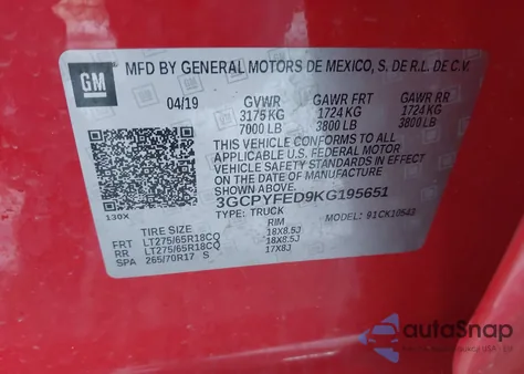 2019 Chevrolet Silverado 1500 Lt Trail Boss z USA, uszkodzony, nr VIN 3GCPYFED9KG195651